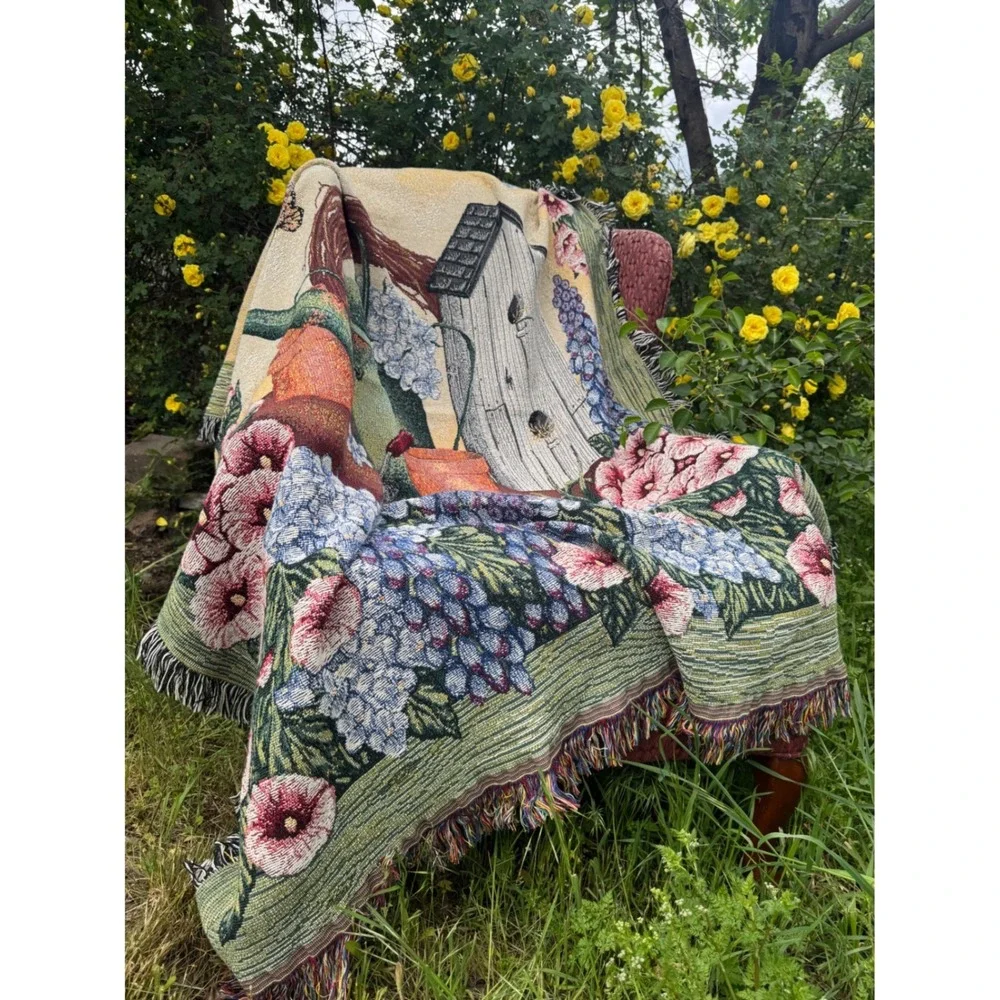 Tapestry Throw Blanket 48x60 Multicolor Garden Floral Birdhouse Gift for Mom